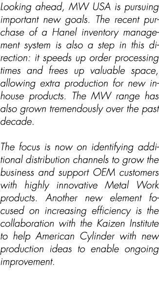 Looking ahead, MW USA is pursuing important new goals. The recent purchase of a Hanel inventory management system is ...